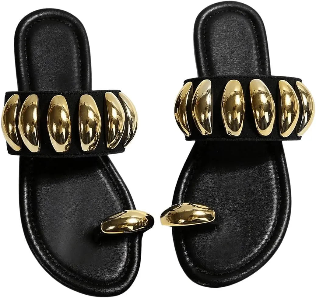 GORGLITTER Women's Gold Metallic Flat Sandals Dressy Open Toe Flip Flops Slides Shoes