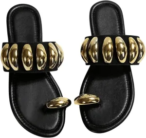 GORGLITTER Women's Gold Metallic Flat Sandals Dressy Open Toe Flip Flops Slides Shoes