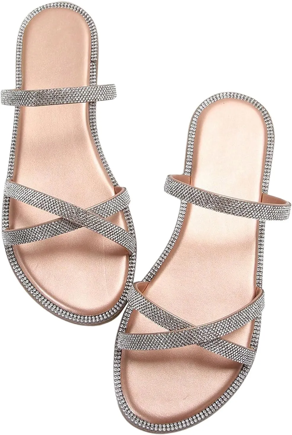 GORGLITTER Women's Rhinestone Sandals Glitter Strappy Flat Cross Strap Slide Sandal