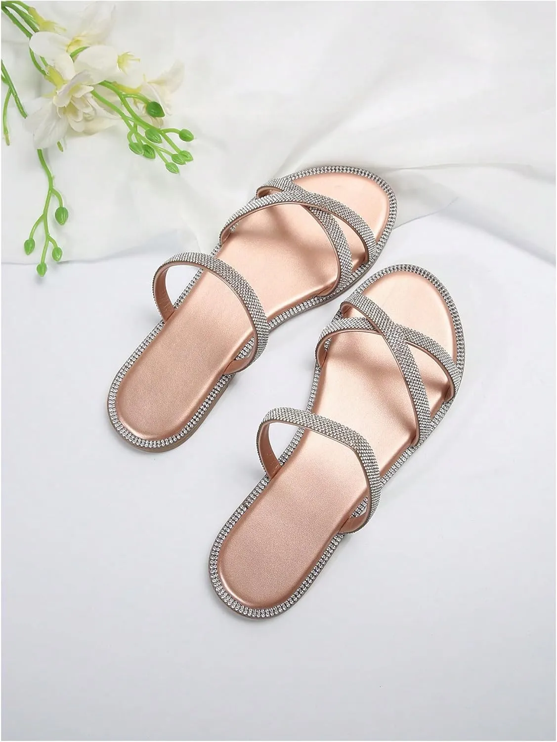 GORGLITTER Women's Rhinestone Sandals Glitter Strappy Flat Cross Strap Slide Sandal