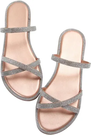 GORGLITTER Women's Rhinestone Sandals Glitter Strappy Flat Cross Strap Slide Sandal