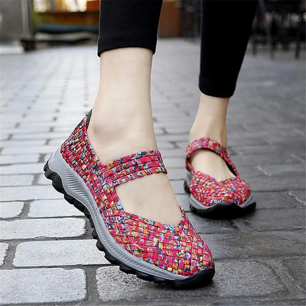 GOSPT Women's Elastic Woven Walking Shoes Mary Jane Flats Slip on Sneakers