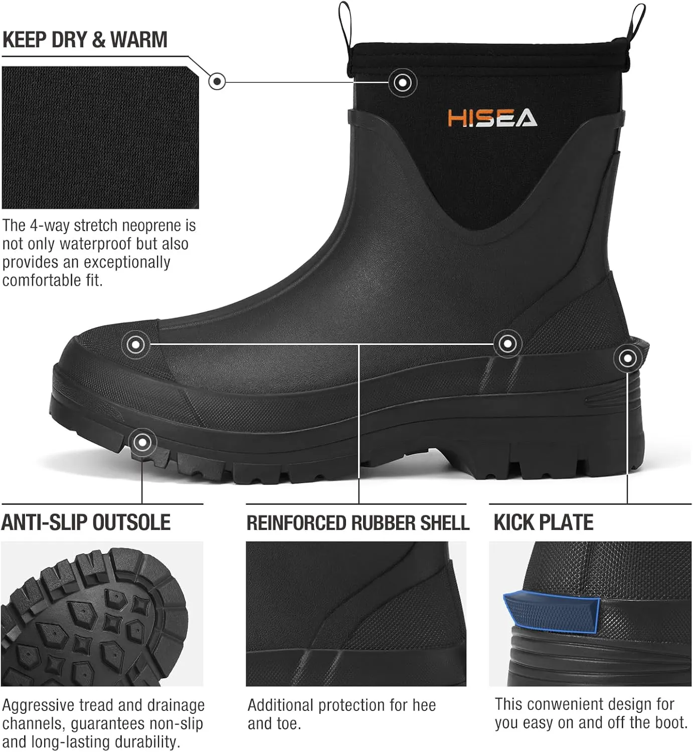 HISEA Mens Mud Boots Short Garden Shoes Ankle Hight Waterproof Neoprene Rubber Rain Boots