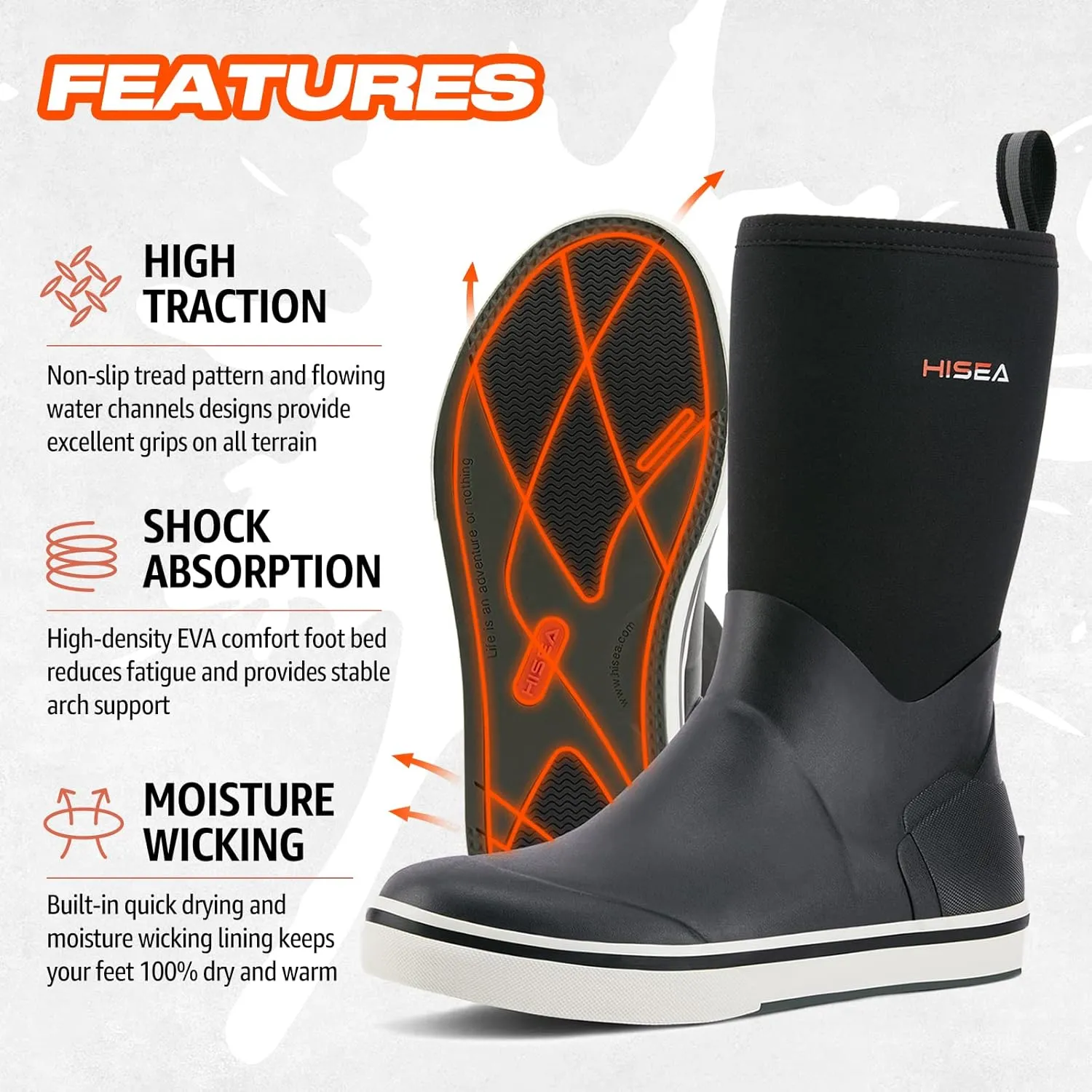 HISEA Men's Rubber Rain Boots Waterproof Garden Fishing Outdoor Deck Boots