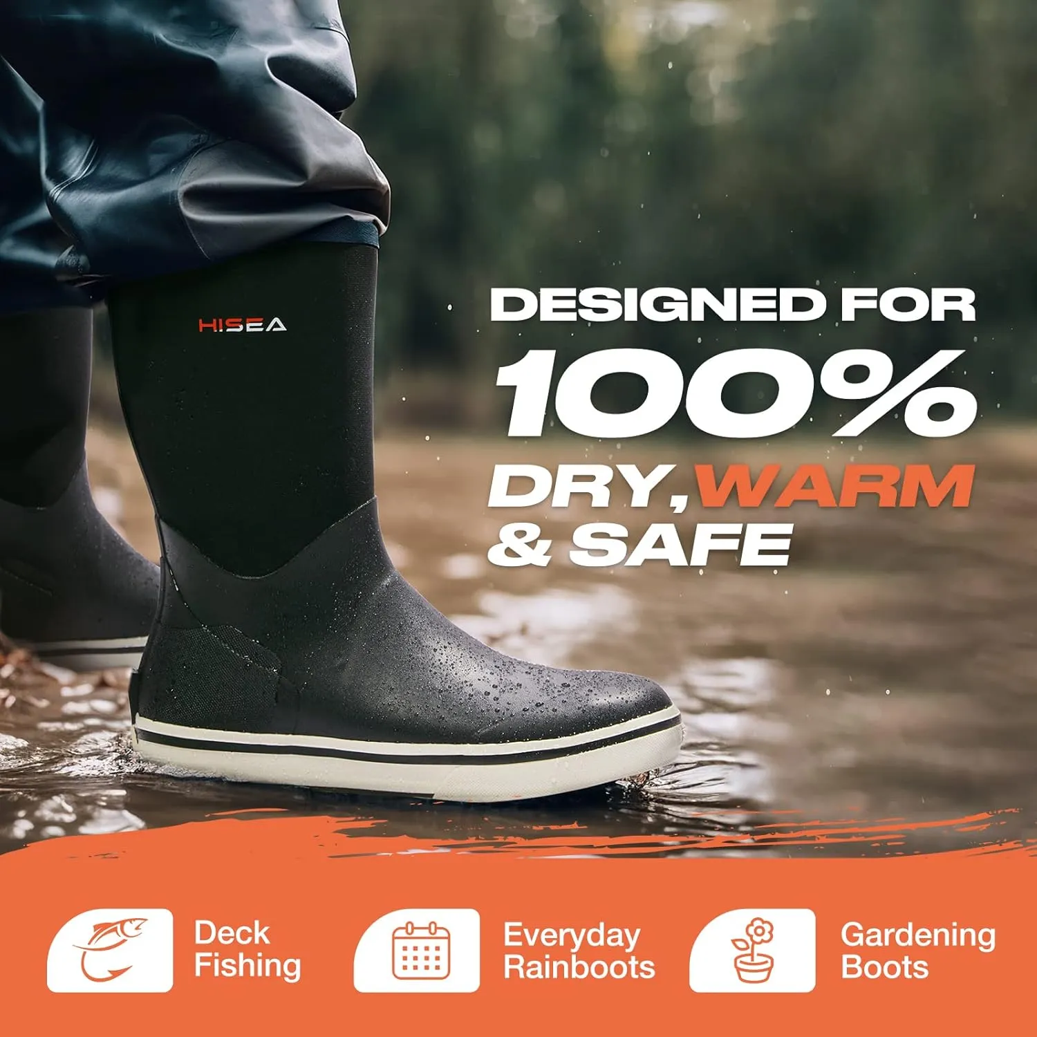 HISEA Men's Rubber Rain Boots Waterproof Garden Fishing Outdoor Deck Boots