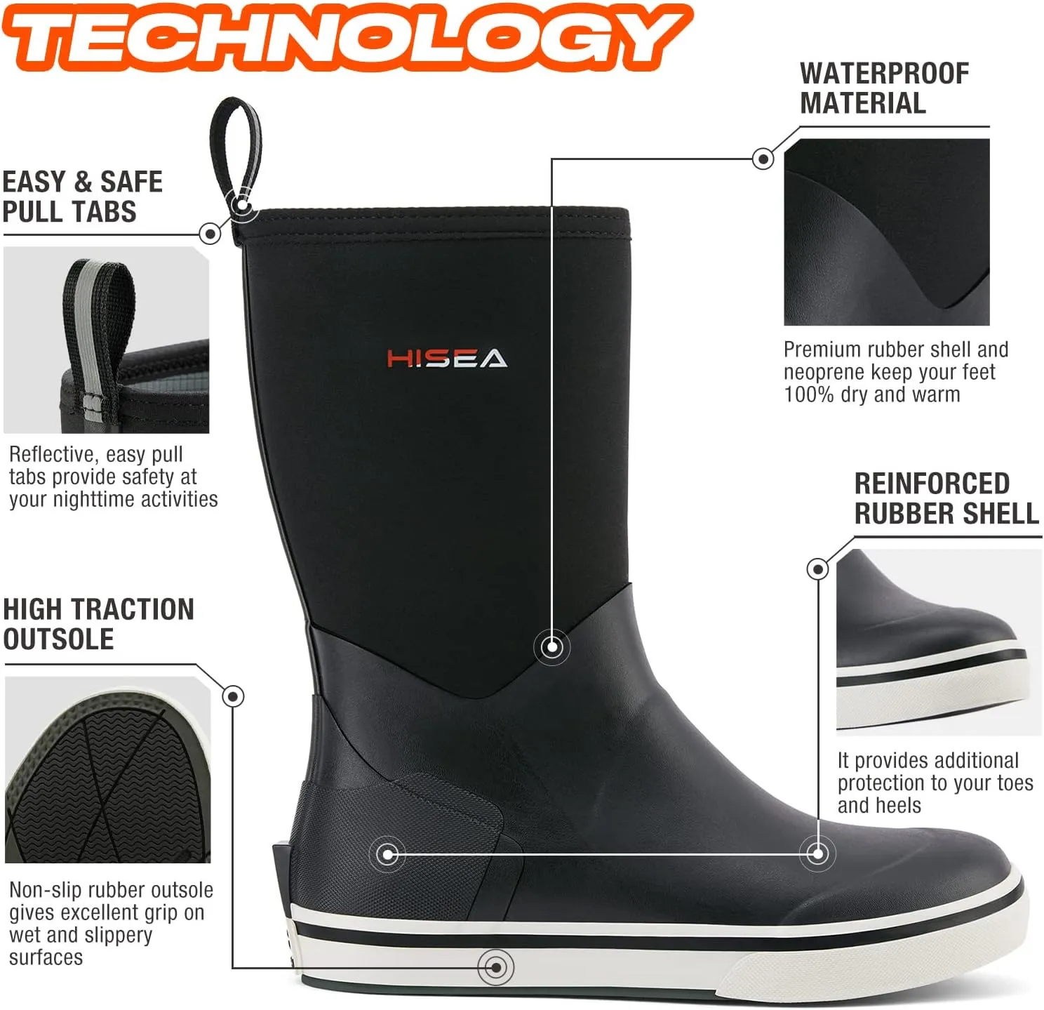 HISEA Men's Rubber Rain Boots Waterproof Garden Fishing Outdoor Deck Boots