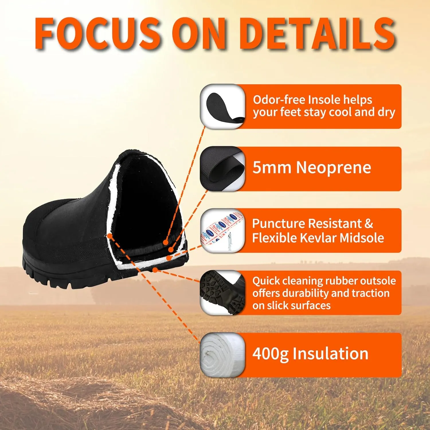 HUNTIT Rubber Work Boots for Men Kevlar Midsole Steel Toe Multi-Season Waterproof Rubber Boots 5mm Neoprene 400g Insulated Rain Boots Anti Slip Mud Boots
