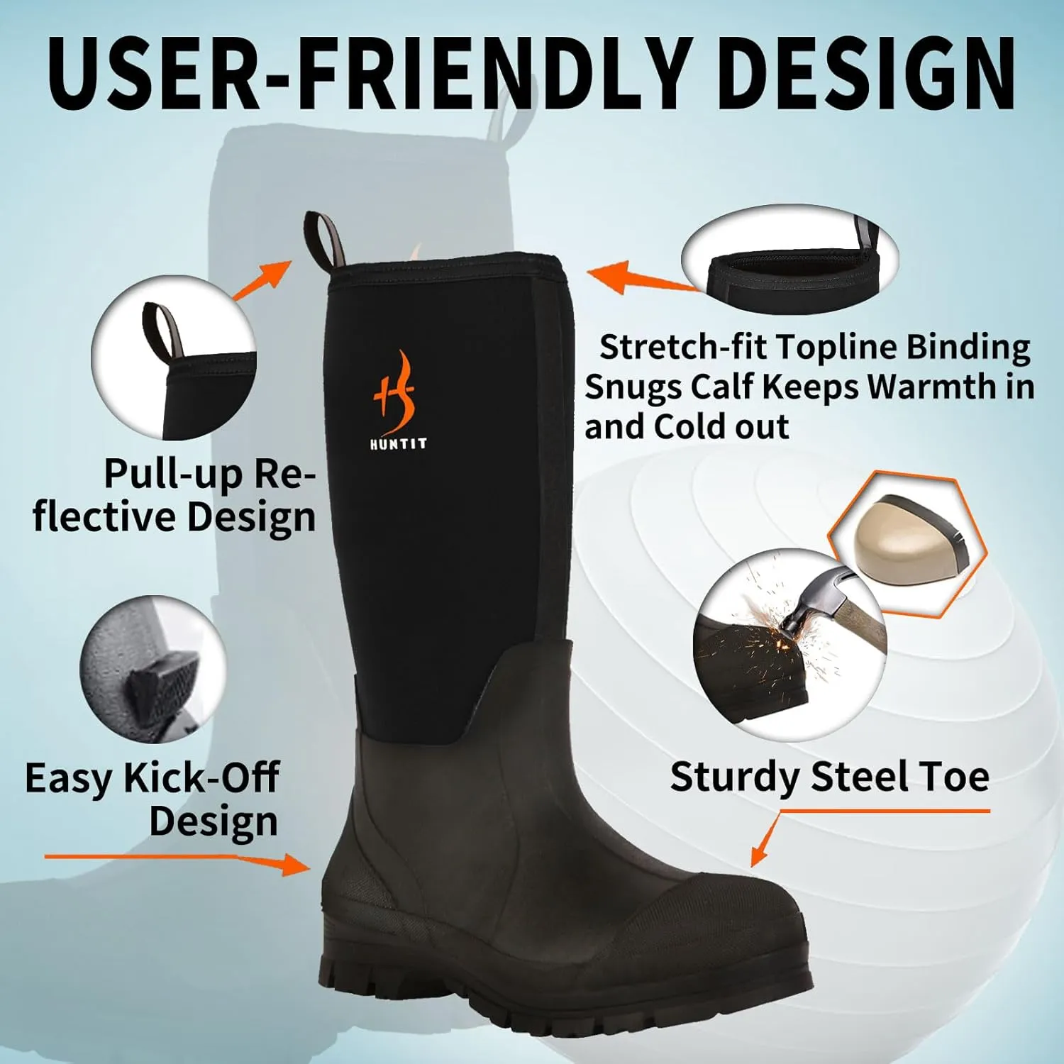 HUNTIT Rubber Work Boots for Men Kevlar Midsole Steel Toe Multi-Season Waterproof Rubber Boots 5mm Neoprene 400g Insulated Rain Boots Anti Slip Mud Boots