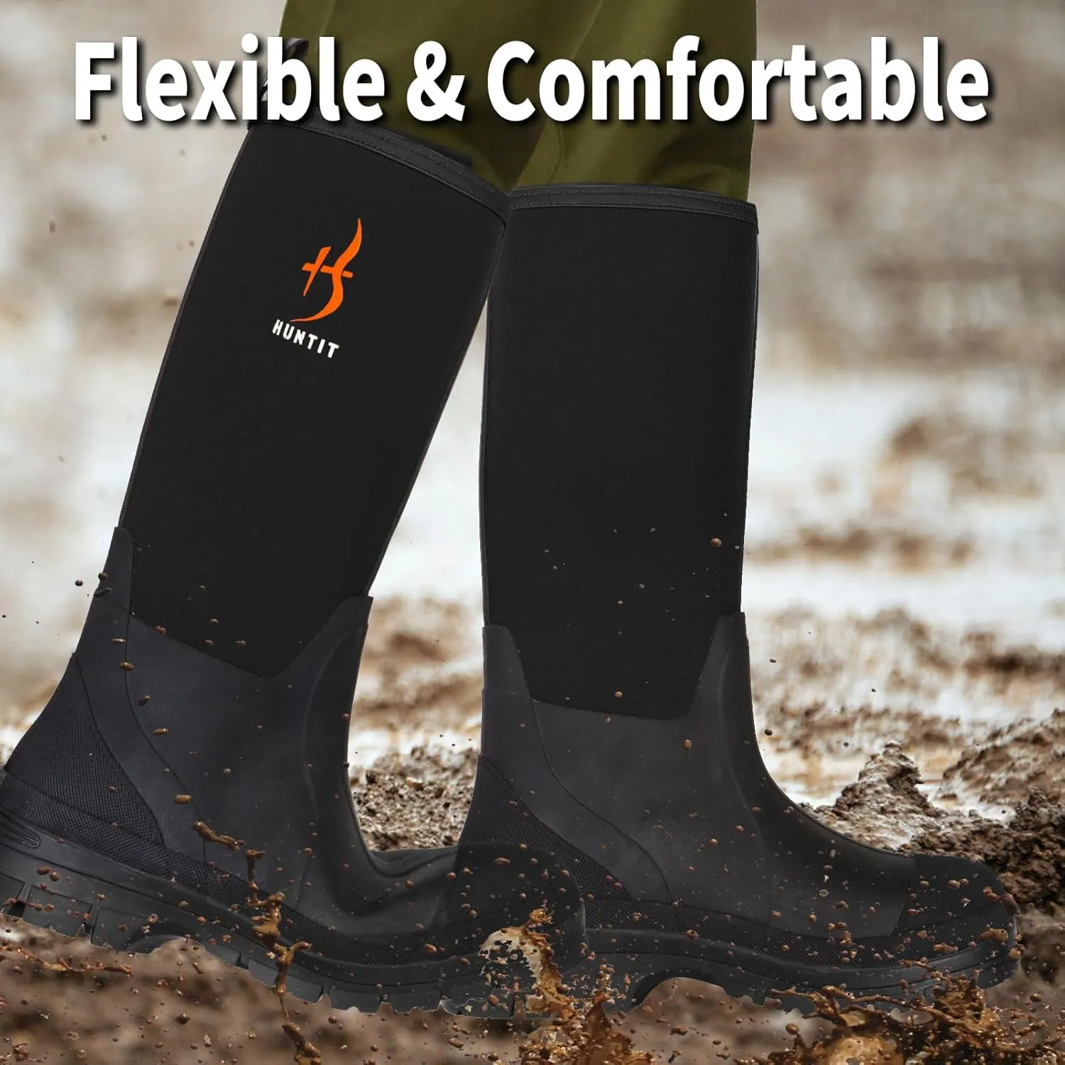 HUNTIT Rubber Work Boots for Men Kevlar Midsole Steel Toe Multi-Season Waterproof Rubber Boots 5mm Neoprene 400g Insulated Rain Boots Anti Slip Mud Boots