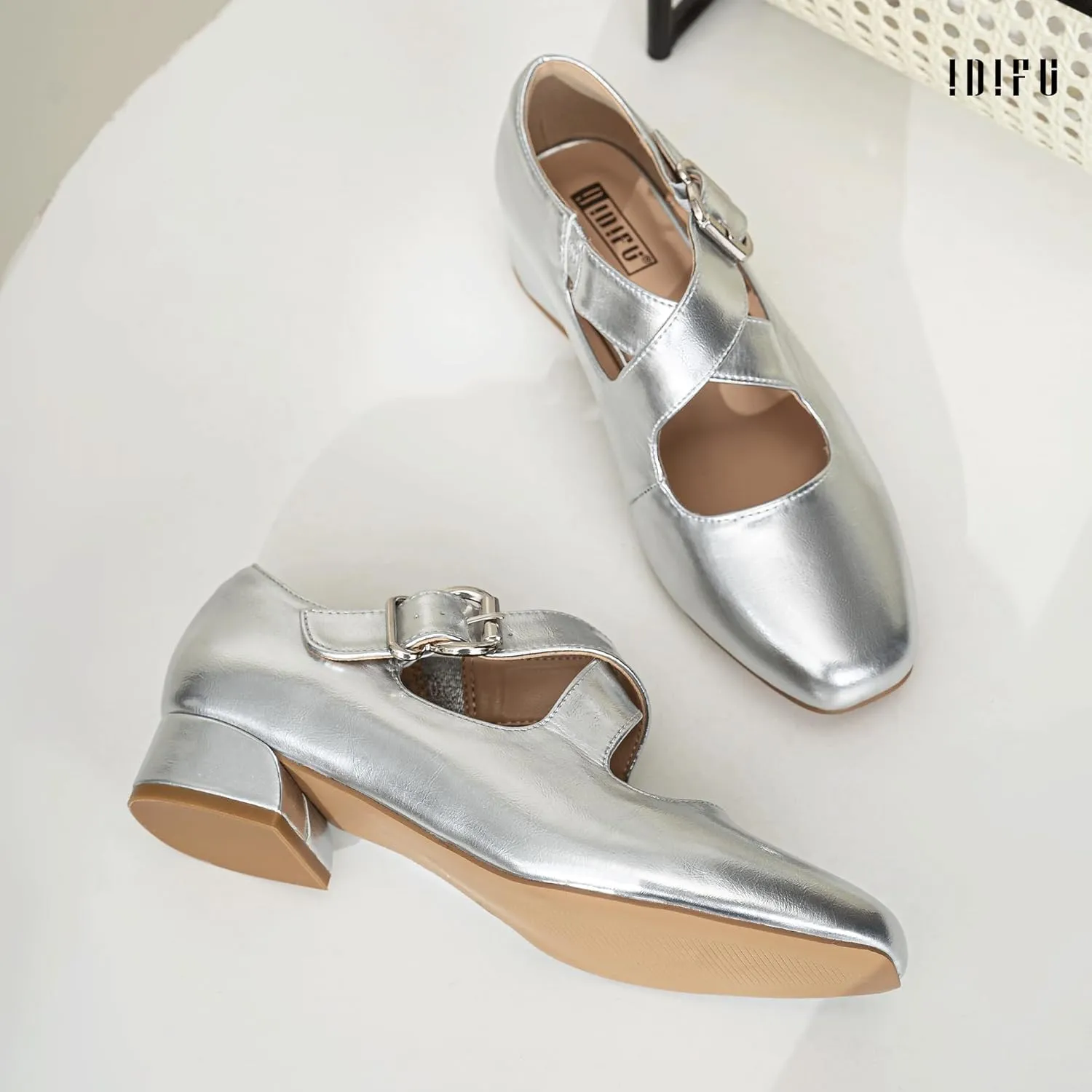 IDIFU Mary Jane Flats for Women Ballet Flats Square Toe Buckle Low Heel Dress Shoes Dressy Casual Comfortable Cute Formal Flat Shoes Bridal Office Criss Cross Strap Dress Flats Shoes