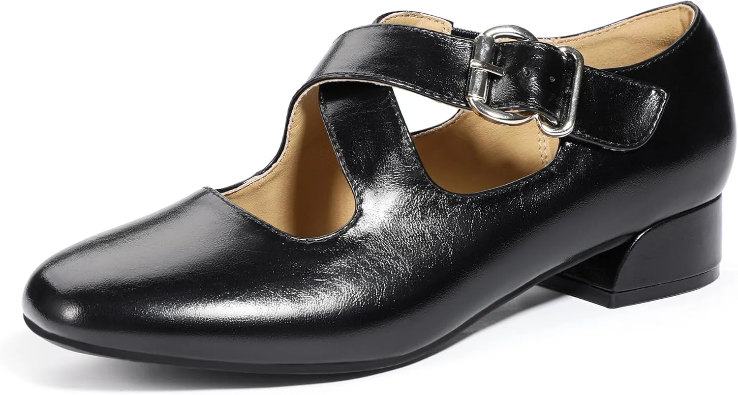 IDIFU Mary Jane Flats for Women Ballet Flats Square Toe Buckle Low Heel Dress Shoes Dressy Casual Comfortable Cute Formal Flat Shoes Bridal Office Criss Cross Strap Dress Flats Shoes