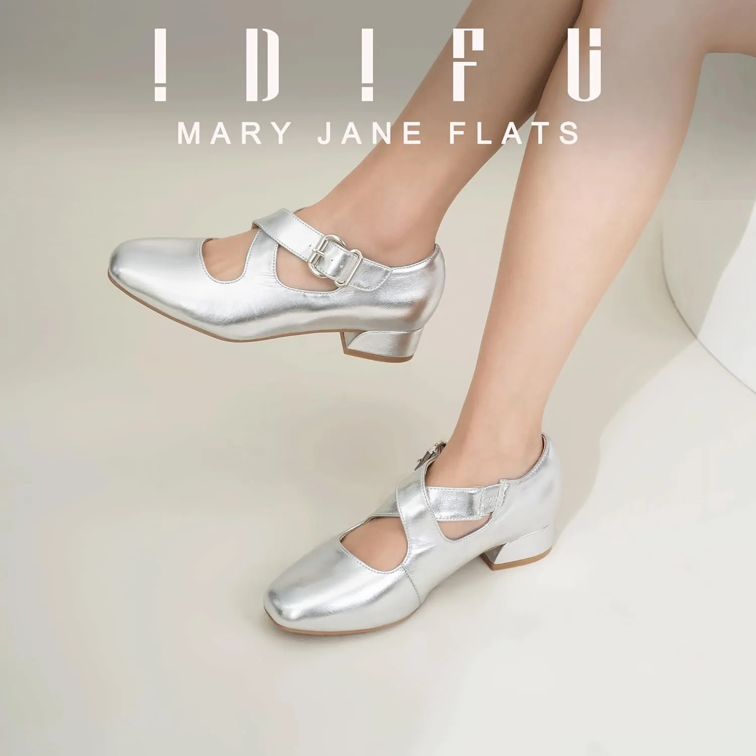 IDIFU Mary Jane Flats for Women Ballet Flats Square Toe Buckle Low Heel Dress Shoes Dressy Casual Comfortable Cute Formal Flat Shoes Bridal Office Criss Cross Strap Dress Flats Shoes