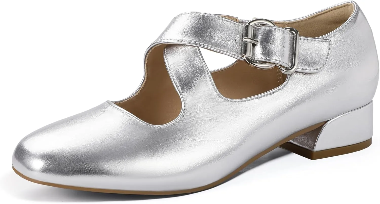 IDIFU Mary Jane Flats for Women Ballet Flats Square Toe Buckle Low Heel Dress Shoes Dressy Casual Comfortable Cute Formal Flat Shoes Bridal Office Criss Cross Strap Dress Flats Shoes