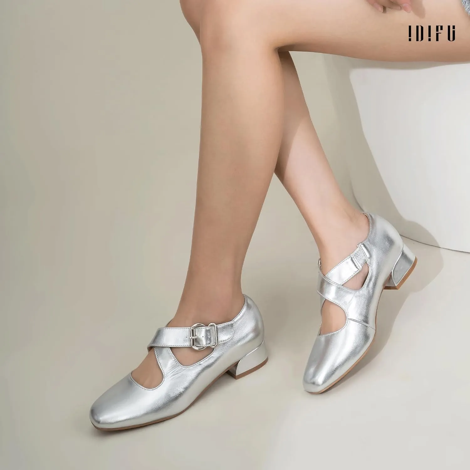 IDIFU Mary Jane Flats for Women Ballet Flats Square Toe Buckle Low Heel Dress Shoes Dressy Casual Comfortable Cute Formal Flat Shoes Bridal Office Criss Cross Strap Dress Flats Shoes