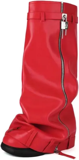 IMPREMEY Women's Fold Over Knee High Boots Platform Heel Padlock Boot with Zipper Denim Jeans Biker Shoes