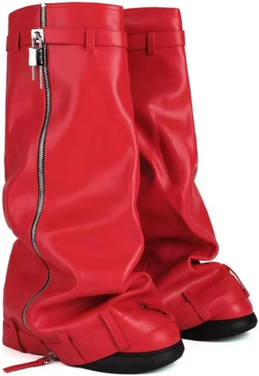 IMPREMEY Women's Fold Over Knee High Boots Platform Heel Padlock Boot with Zipper Denim Jeans Biker Shoes