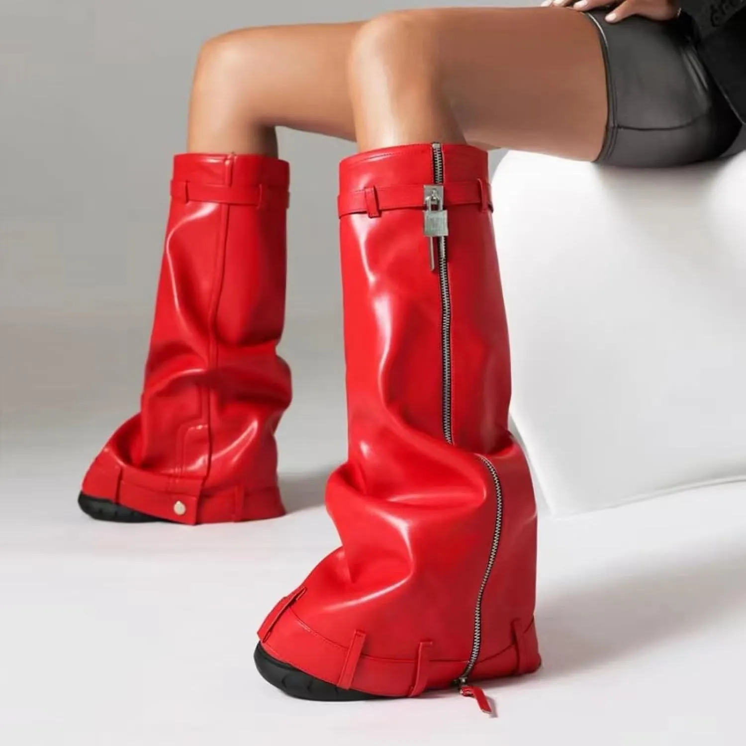 IMPREMEY Women's Fold Over Knee High Boots Platform Heel Padlock Boot with Zipper Denim Jeans Biker Shoes