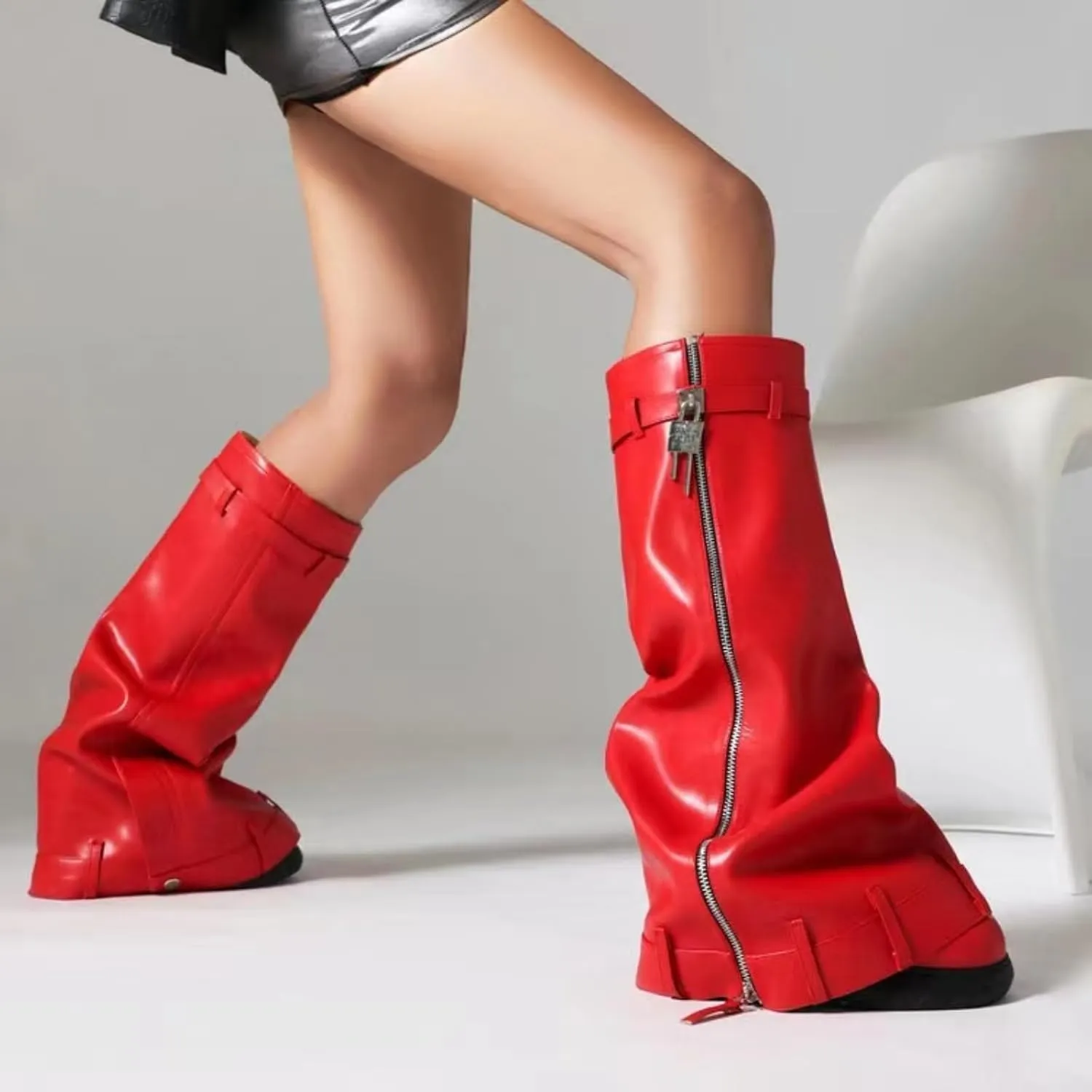 IMPREMEY Women's Fold Over Knee High Boots Platform Heel Padlock Boot with Zipper Denim Jeans Biker Shoes