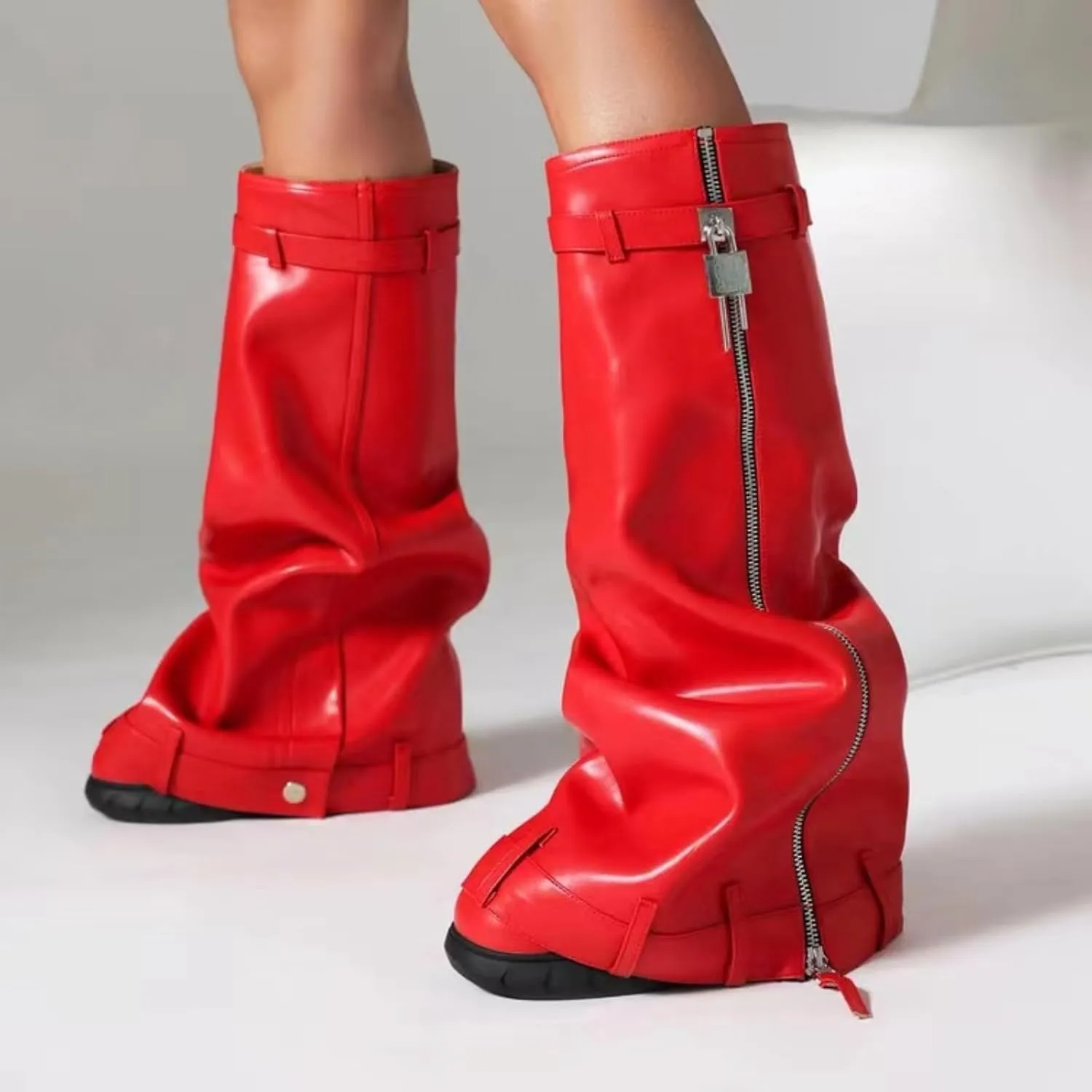 IMPREMEY Women's Fold Over Knee High Boots Platform Heel Padlock Boot with Zipper Denim Jeans Biker Shoes