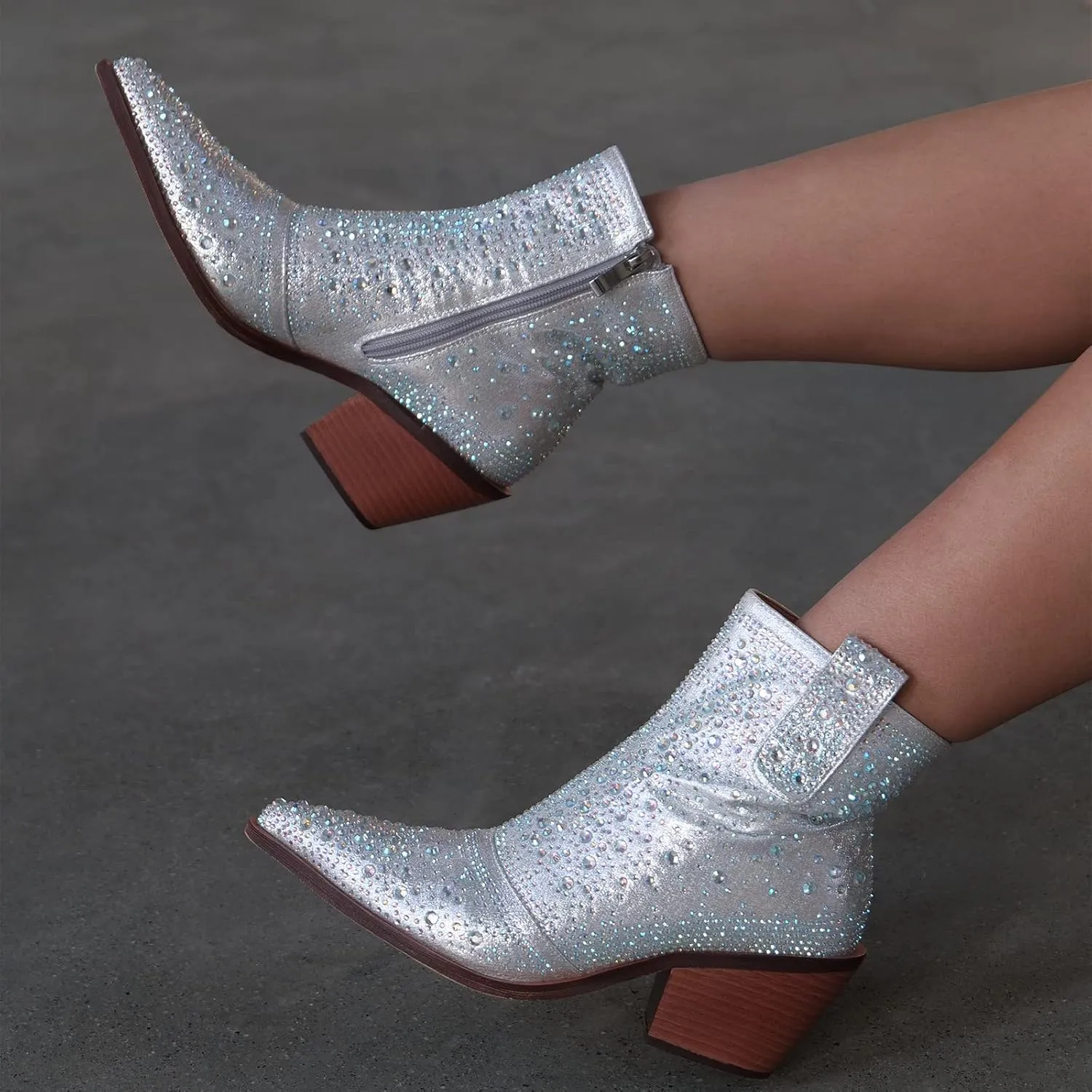 ISNOM Rhinestone Cowboy Boots Sparkly Ankle Boots with Pointed Toe and Chunky Heel Design