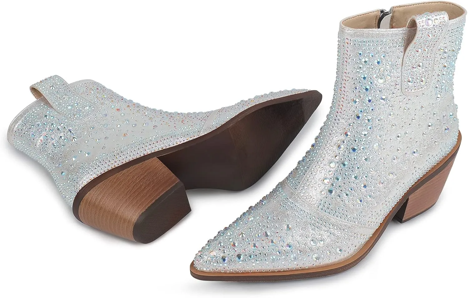 ISNOM Rhinestone Cowboy Boots Sparkly Ankle Boots with Pointed Toe and Chunky Heel Design