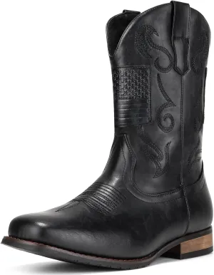 IUV Cowboy Boots For Men Western Boot Classic American Flag Embroidered Square Toe Mid-Calf Boots
