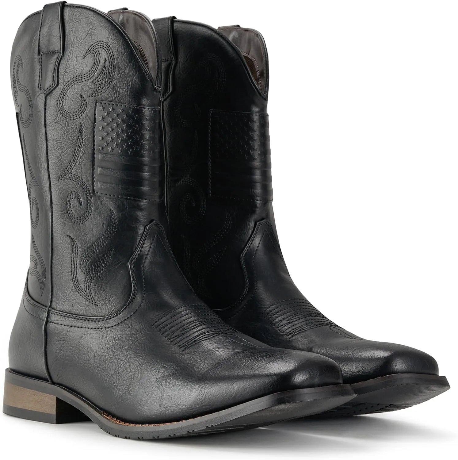 IUV Cowboy Boots For Men Western Boot Classic American Flag Embroidered Square Toe Mid-Calf Boots
