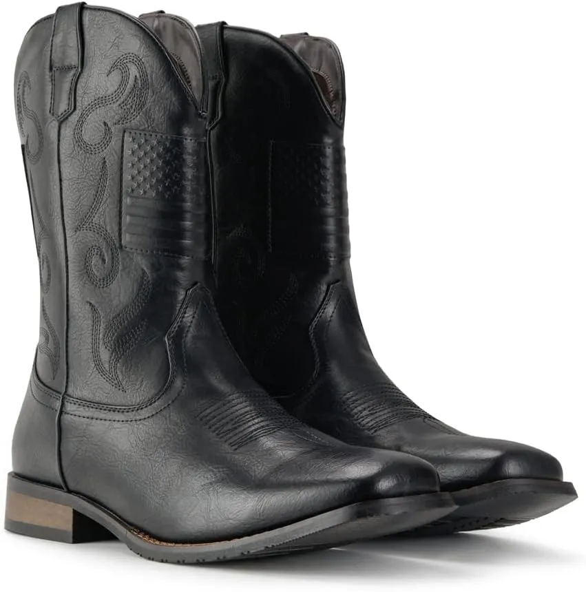 IUV Cowboy Boots For Men Western Boot Classic American Flag Embroidered Square Toe Mid-Calf Boots