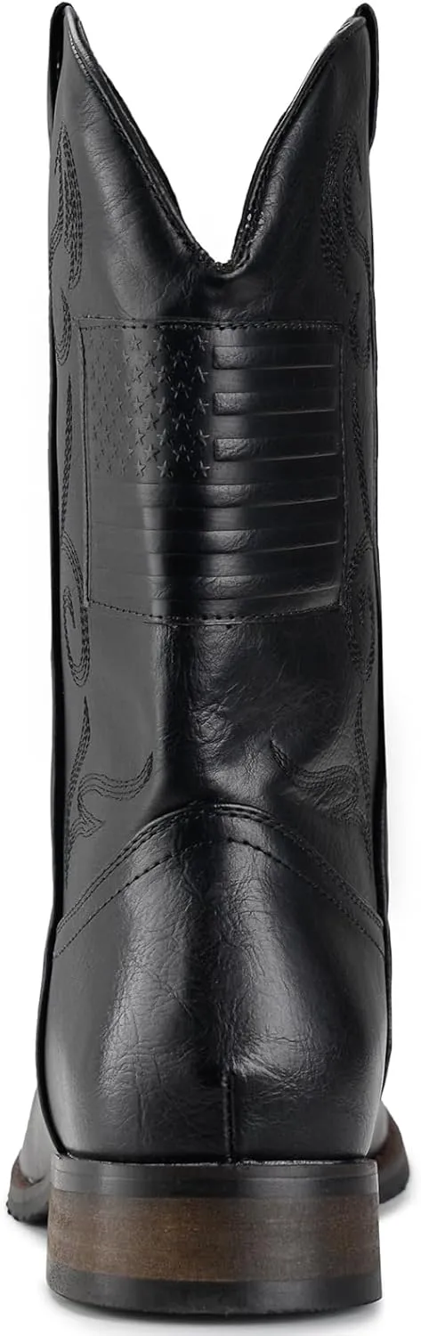 IUV Cowboy Boots For Men Western Boot Classic American Flag Embroidered Square Toe Mid-Calf Boots