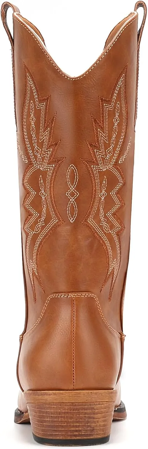 IUV Cowboy Boots For Women Western Boots Cowgirl Boots Pull On Pointy Toe Mid Calf Boots