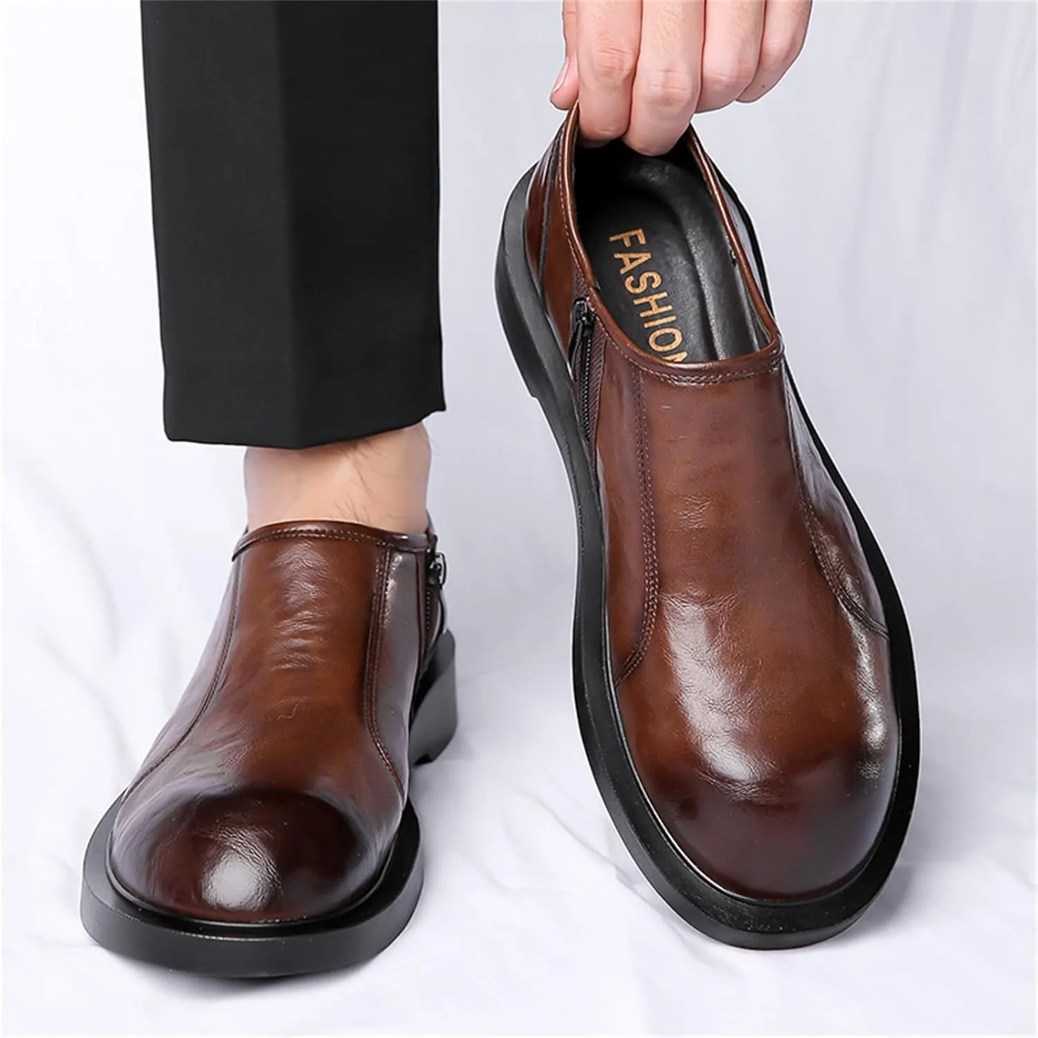 JiuQing Men's Dress Shoes with Side Zip Casual Business Shoes Slip-On Loafers Formal Shoes