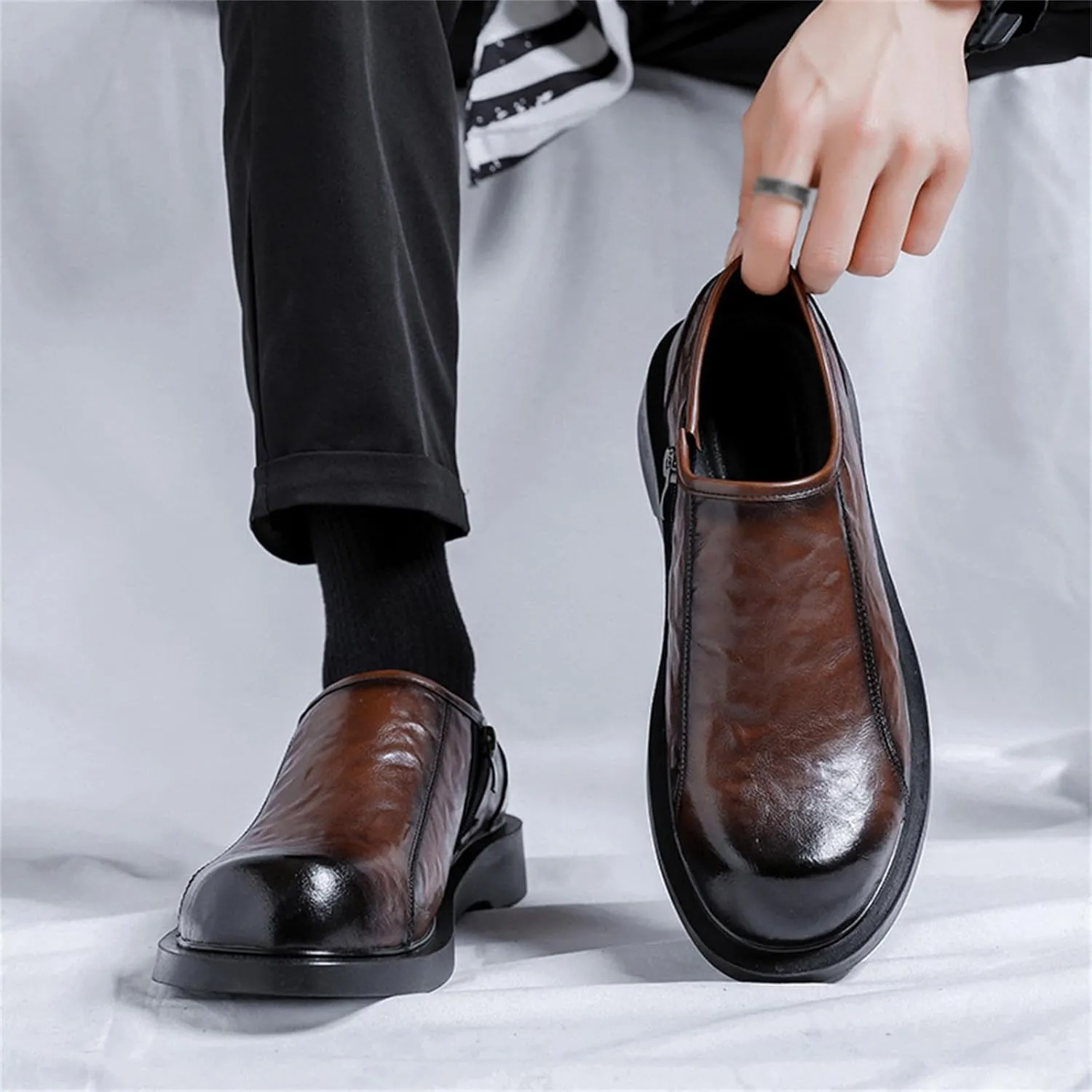 JiuQing Men's Dress Shoes with Side Zip Casual Business Shoes Slip-On Loafers Formal Shoes