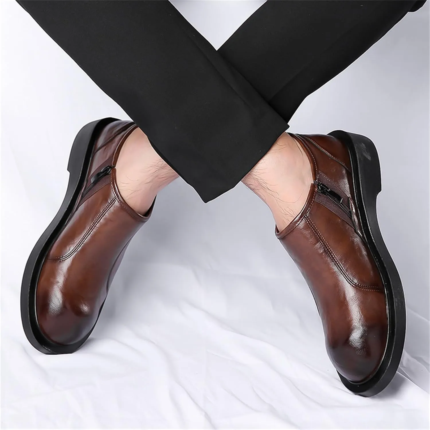 JiuQing Men's Dress Shoes with Side Zip Casual Business Shoes Slip-On Loafers Formal Shoes