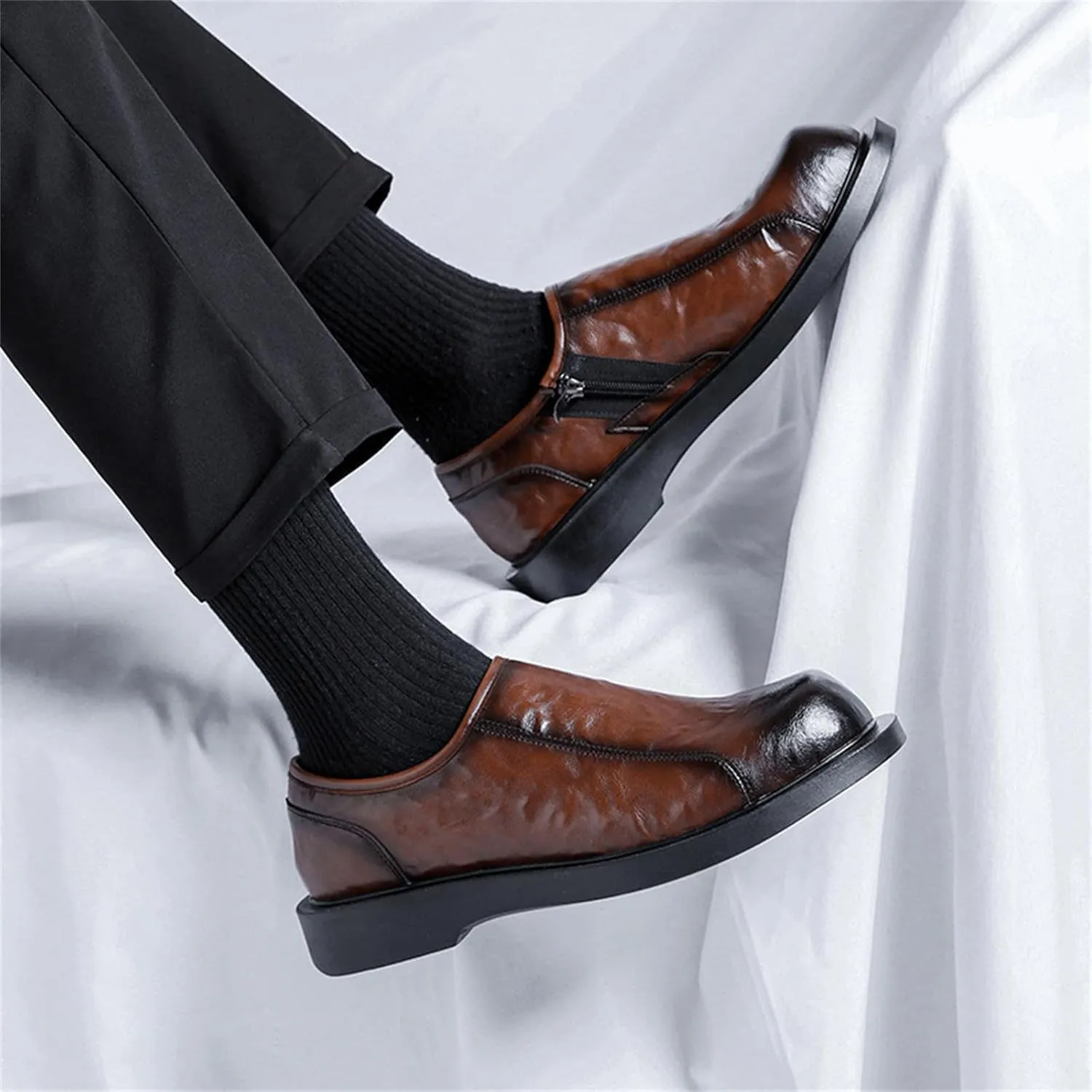 JiuQing Men's Dress Shoes with Side Zip Casual Business Shoes Slip-On Loafers Formal Shoes