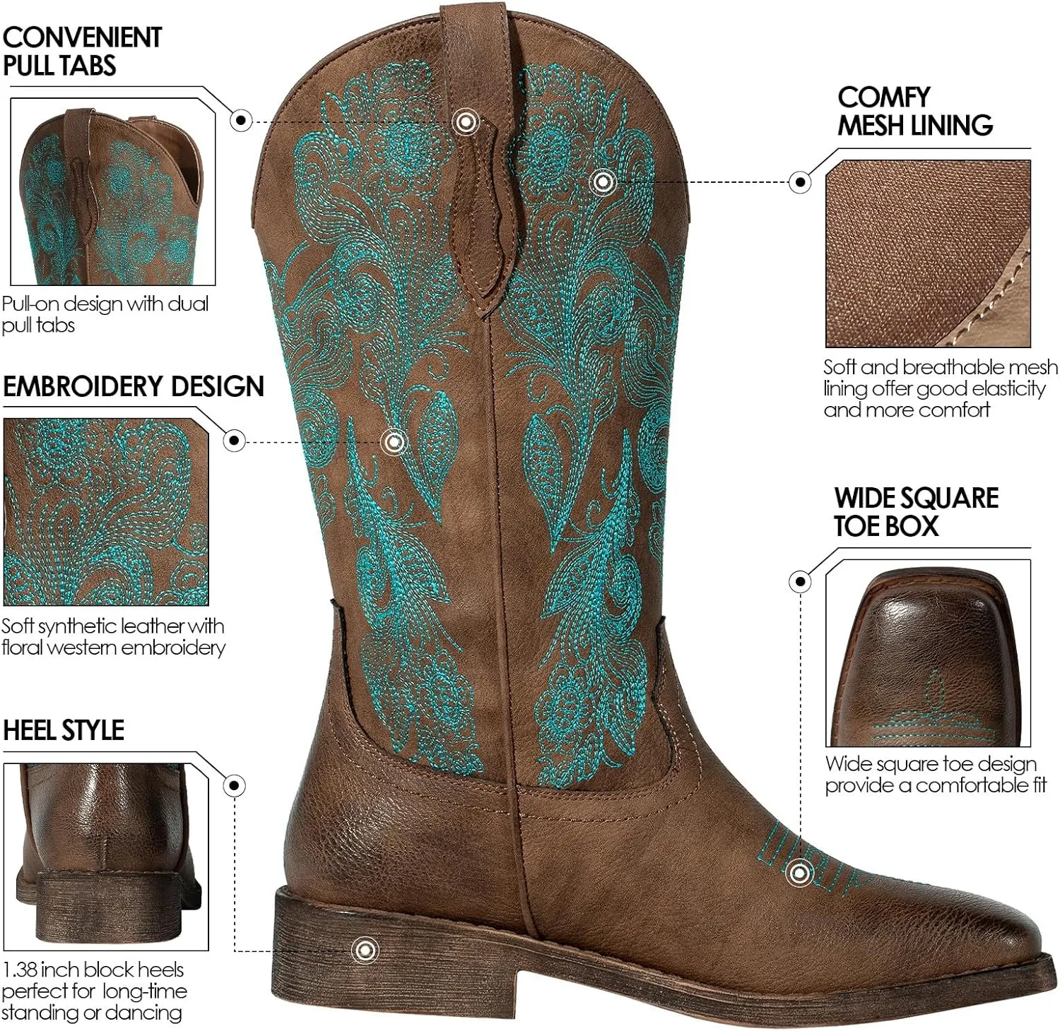 J's.o.l.e Women's Floral Embroidered Cowboy Boots Square Toe Fashion Western Cowgirl Boots
