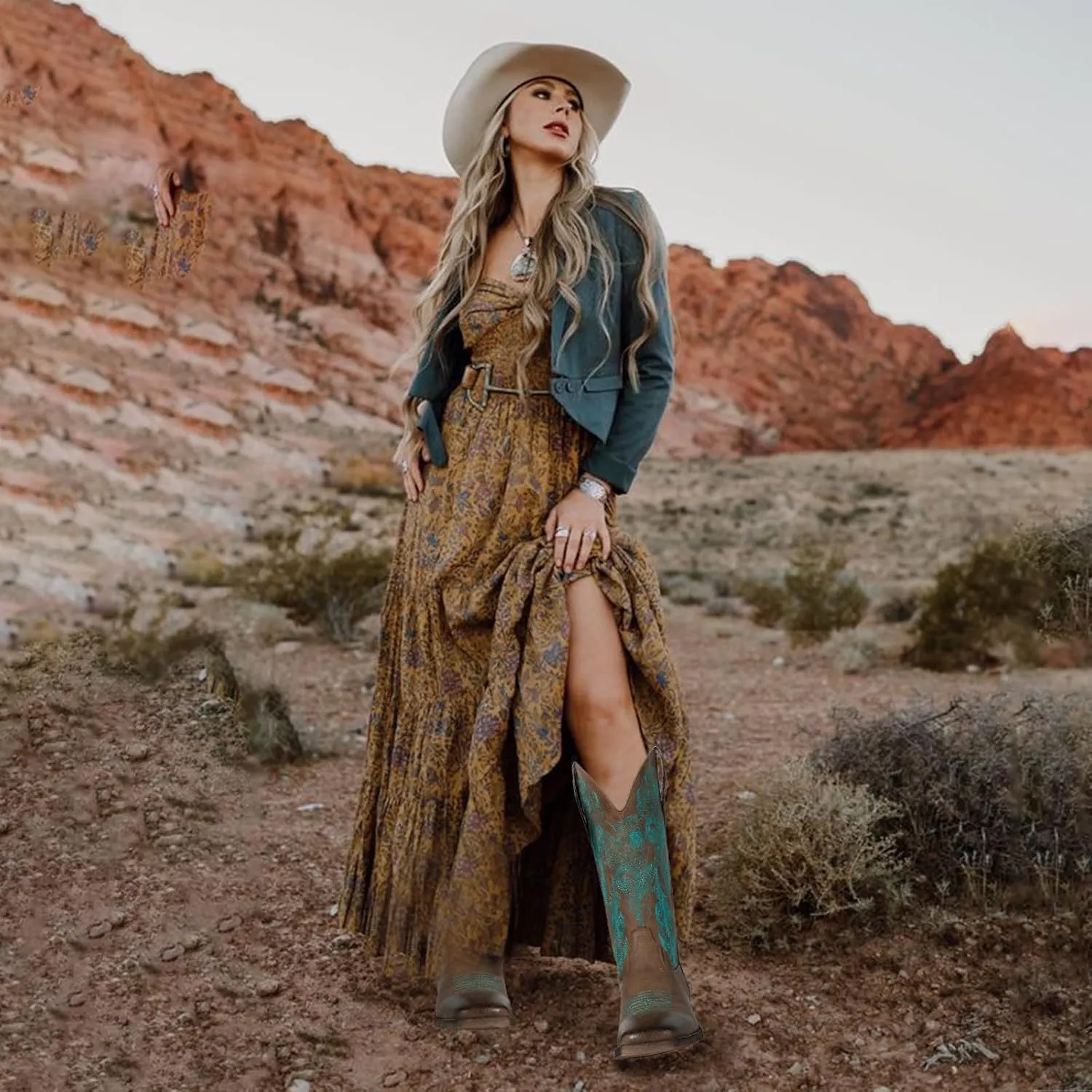 J's.o.l.e Women's Floral Embroidered Cowboy Boots Square Toe Fashion Western Cowgirl Boots