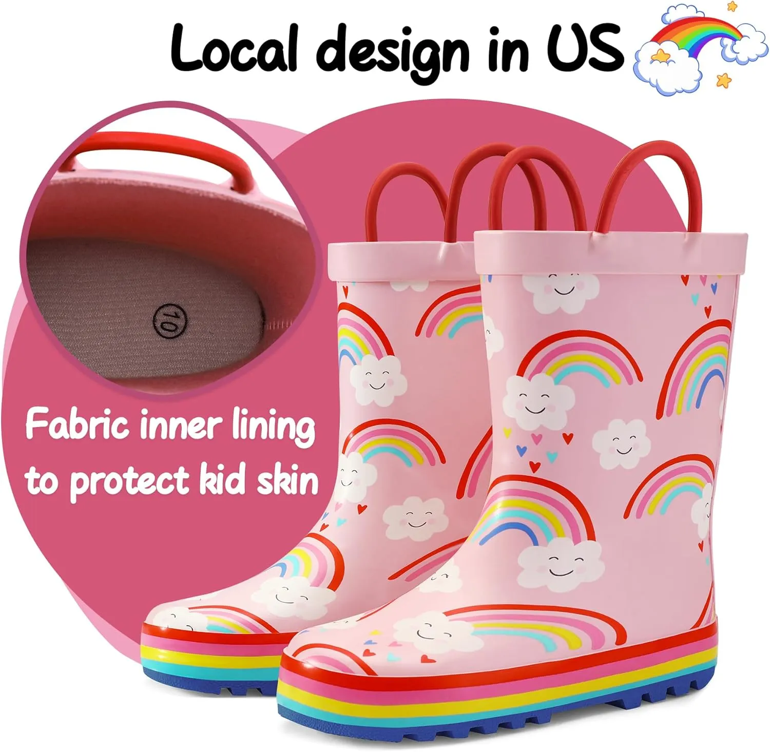 K KomForme Kids Rain Boots Waterproof Printed Rubber boots with Handles