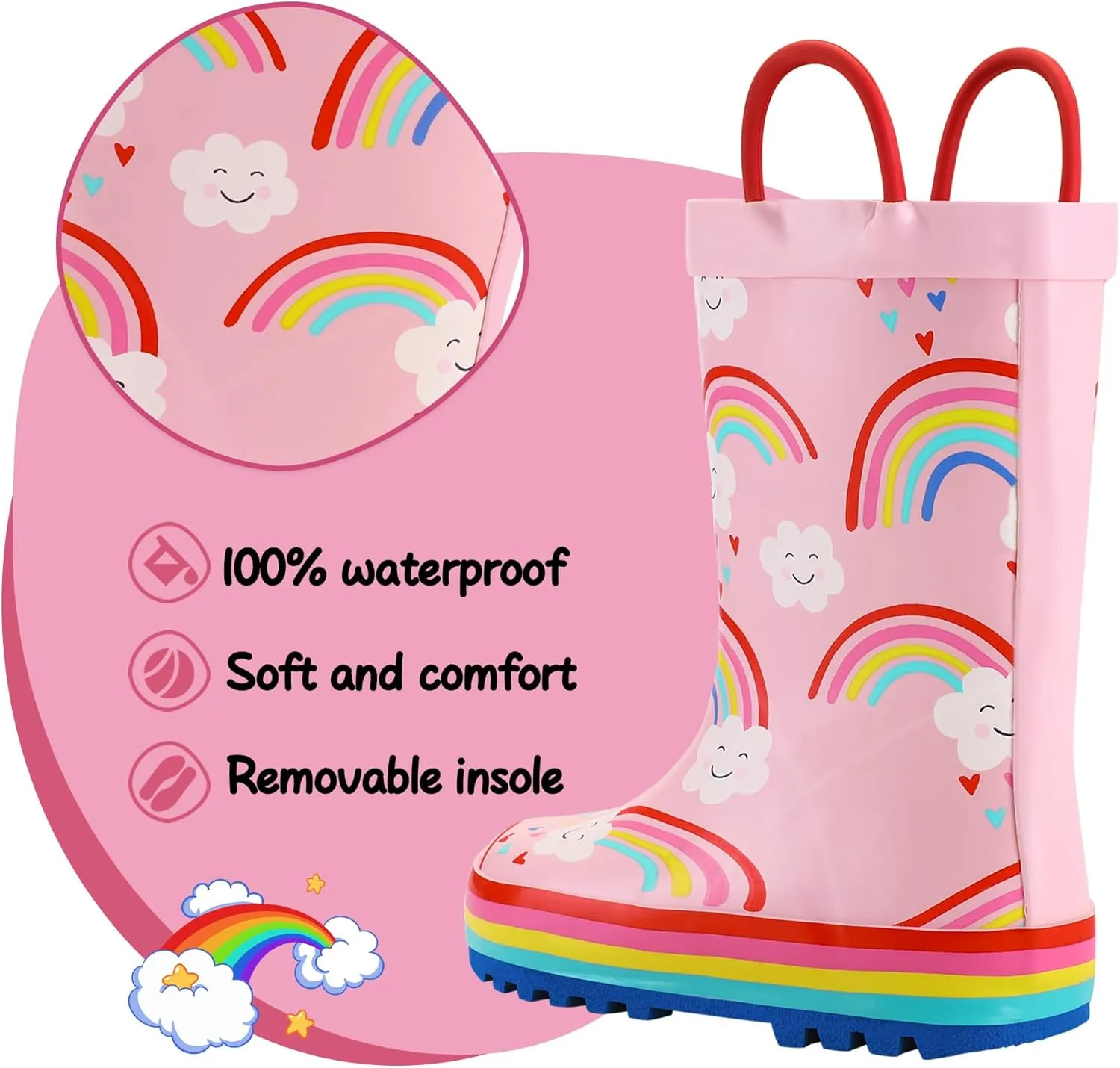 K KomForme Kids Rain Boots Waterproof Printed Rubber boots with Handles