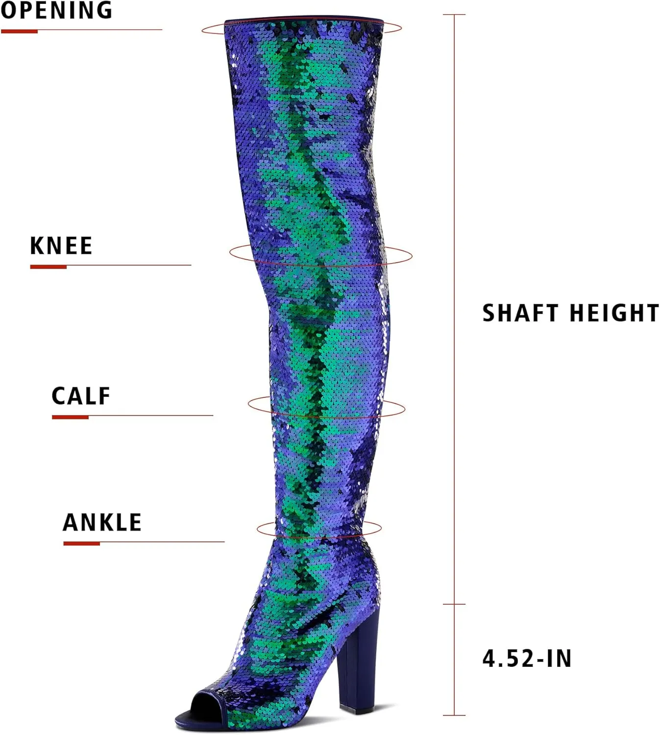KHPAERMEI Sparkly Thigh High Boots for Women Sexy Sequin Over The Knee High Boots Party Prom Open Toe Chunky High Heels