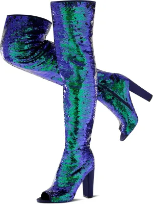 KHPAERMEI Sparkly Thigh High Boots for Women Sexy Sequin Over The Knee High Boots Party Prom Open Toe Chunky High Heels