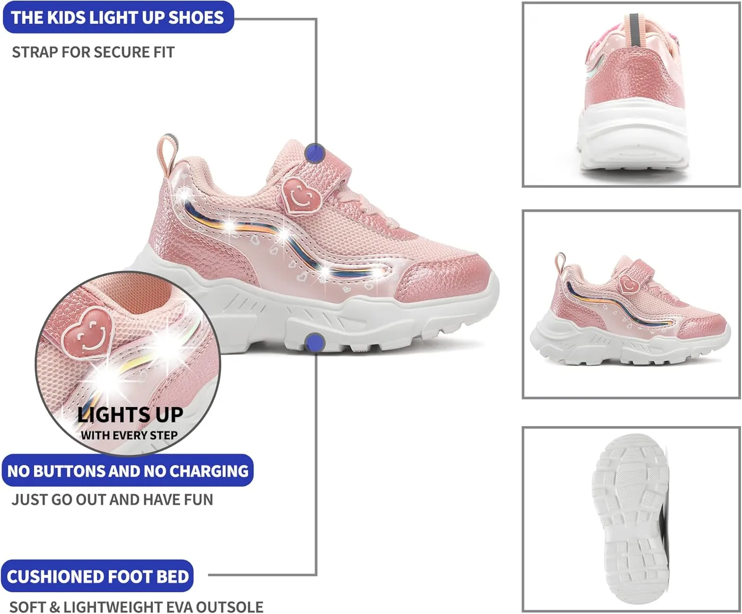 Kids LED Light Up Sneakers Breathable Sport Casual Girls Boys Shoes Adjustable Strap Flashing for Toddler/Little Kid