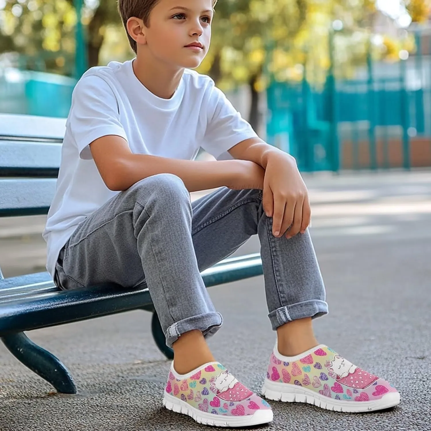 Kids Slip On Walking Shoes for Boys Girls Breathable Mesh Casual Shoes Loafers Non Slip Lightweight Comfort Sneakers Spring School Day White Sole Size 11-15