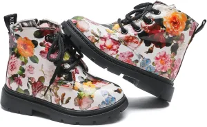 Komfyea Cute Children Boots Floral Print Girl Lace Up Boots （Toddler/Little Kids