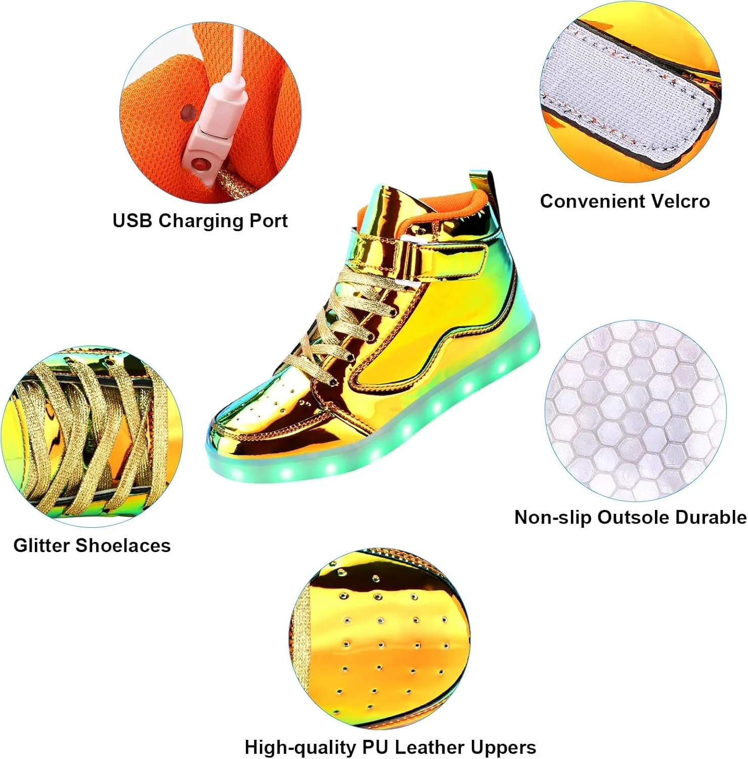 KUNWFNIX Light Up High Top Adult LED Sneakers - Multicolor, Men's & Women's - Glow in The Dark - USB Rechargeable - Dancing Parties