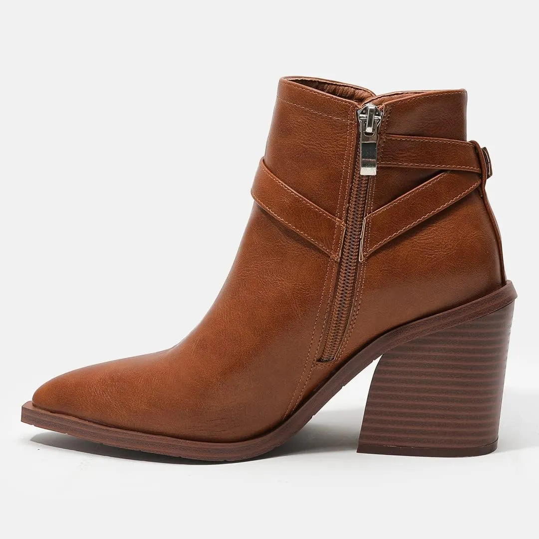 KUUTGG Women's Pointed Toe Western Chelsea Ankle Boots Buckle Zip Stacked Chunky High Heel Dressy Short Booties