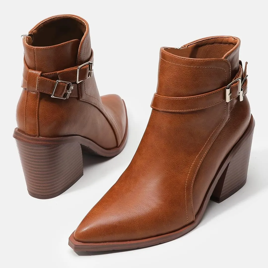 KUUTGG Women's Pointed Toe Western Chelsea Ankle Boots Buckle Zip Stacked Chunky High Heel Dressy Short Booties