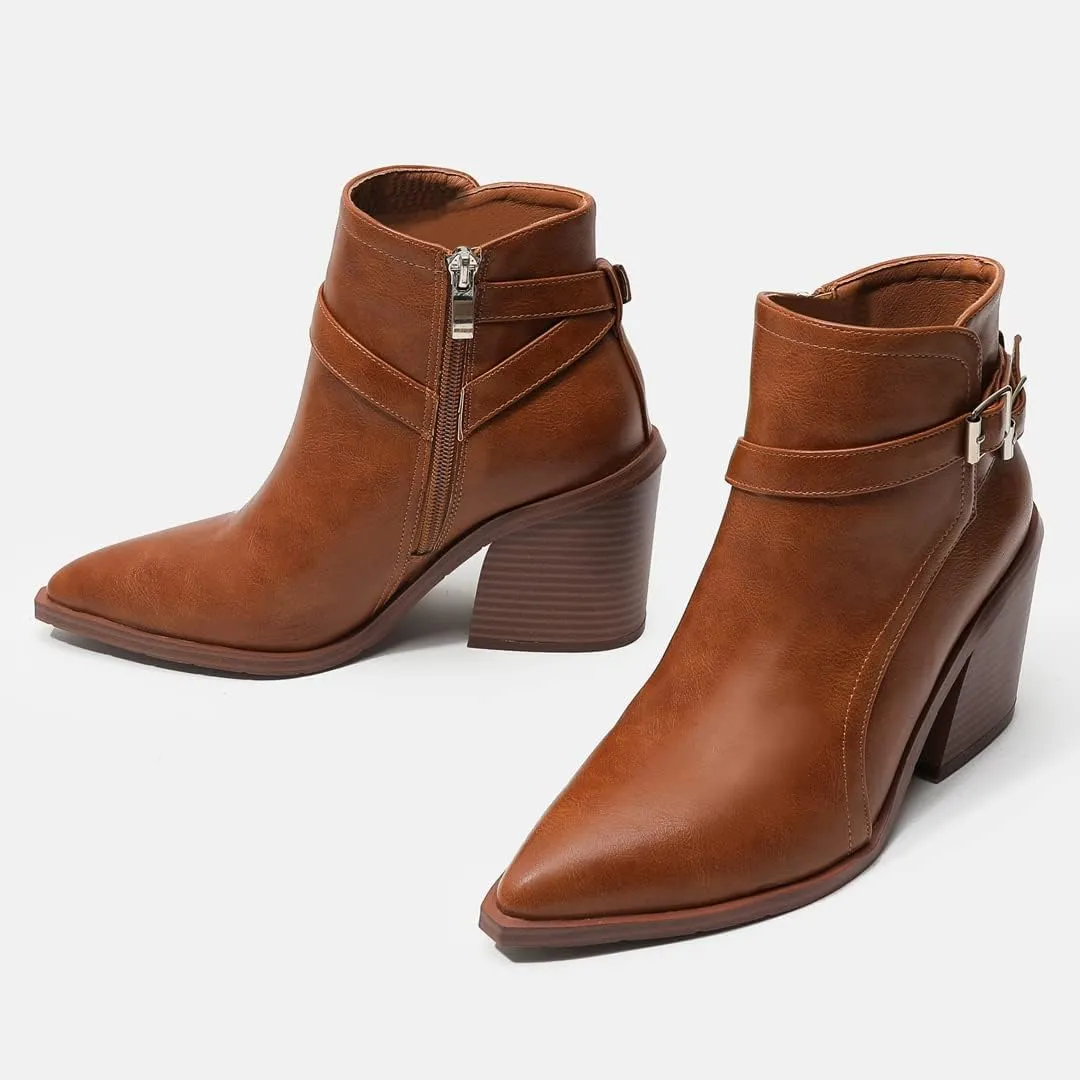 KUUTGG Women's Pointed Toe Western Chelsea Ankle Boots Buckle Zip Stacked Chunky High Heel Dressy Short Booties