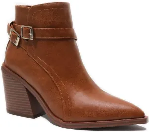 KUUTGG Women's Pointed Toe Western Chelsea Ankle Boots Buckle Zip Stacked Chunky High Heel Dressy Short Booties