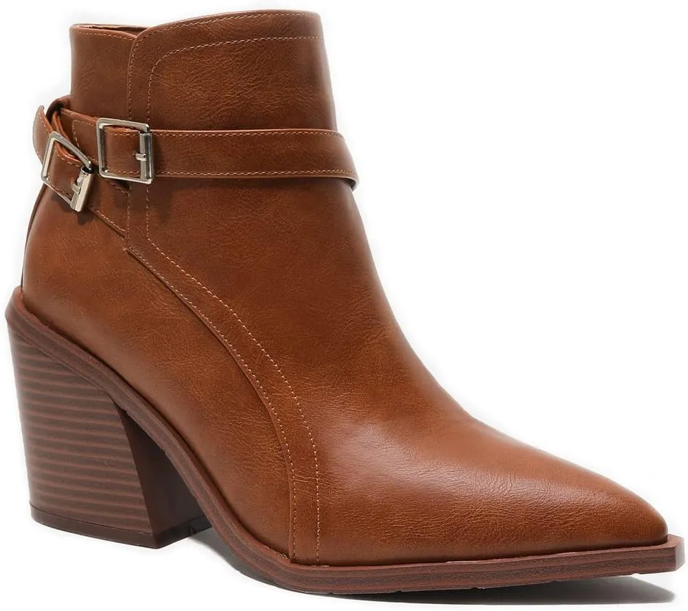 KUUTGG Women's Pointed Toe Western Chelsea Ankle Boots Buckle Zip Stacked Chunky High Heel Dressy Short Booties