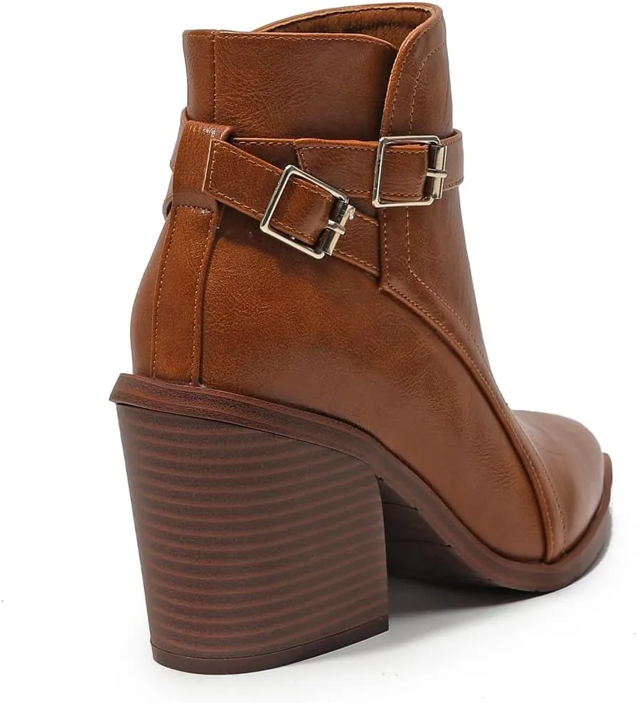 KUUTGG Women's Pointed Toe Western Chelsea Ankle Boots Buckle Zip Stacked Chunky High Heel Dressy Short Booties